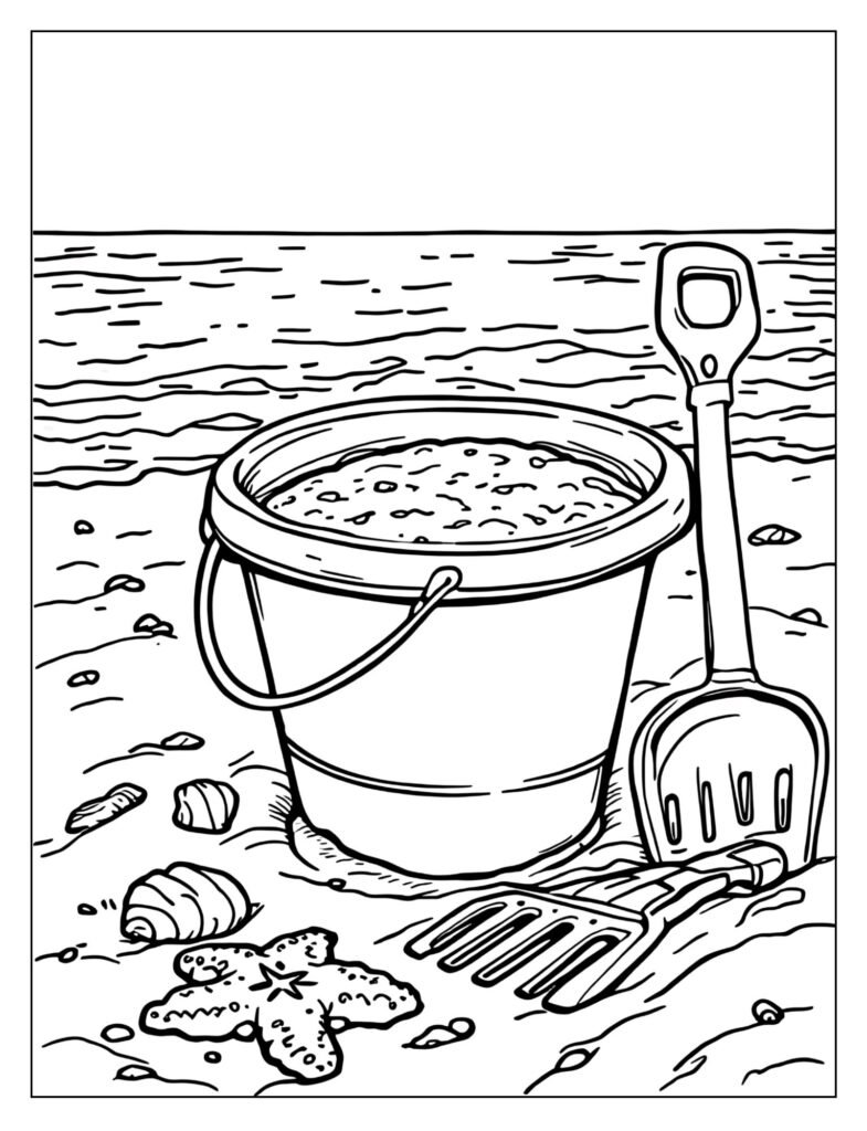 A sand pail with a shovel, rake, and sand mold.