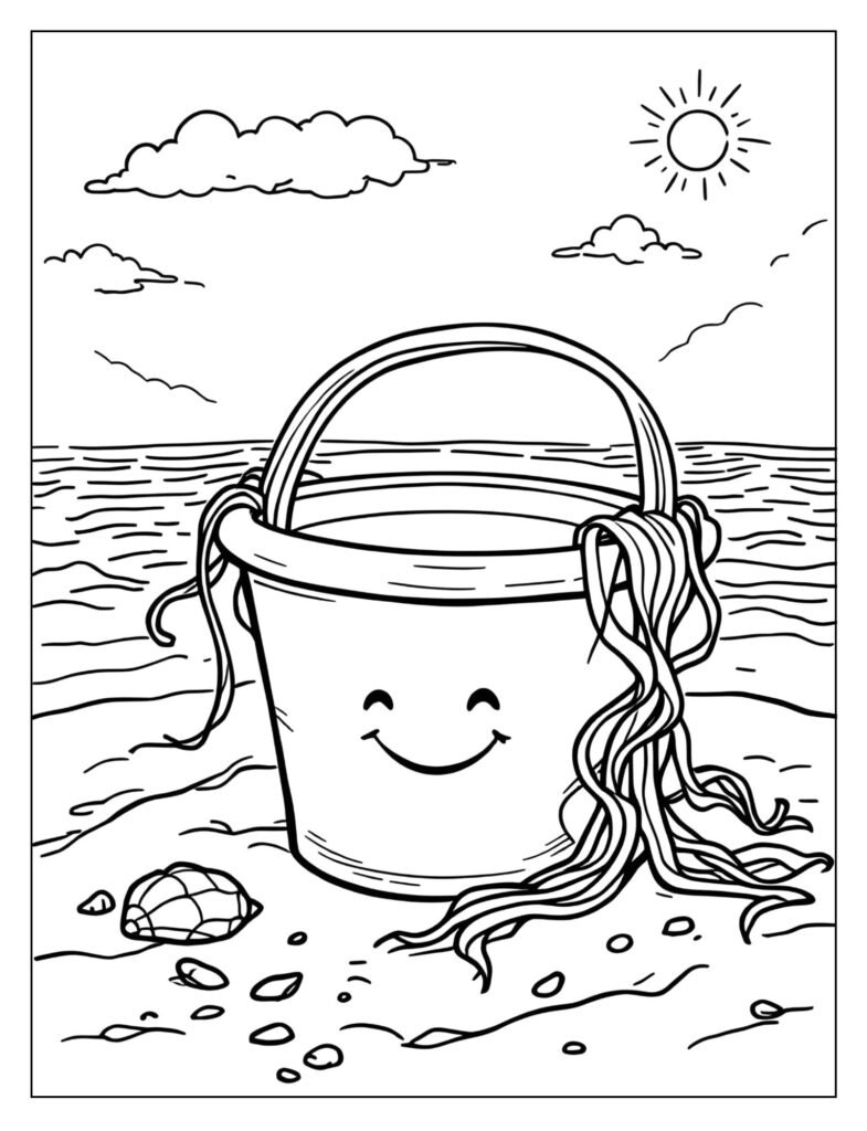 A sand pail with seaweed draped over its side.