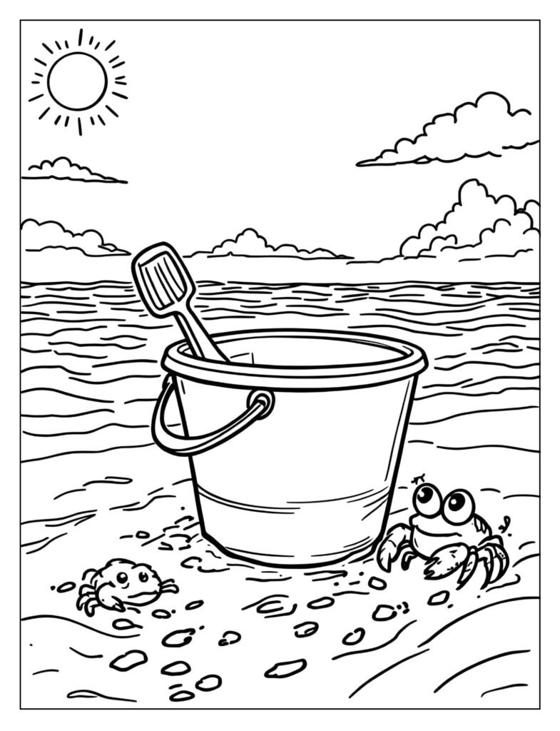 A sand pail with a tiny crab scuttling past.