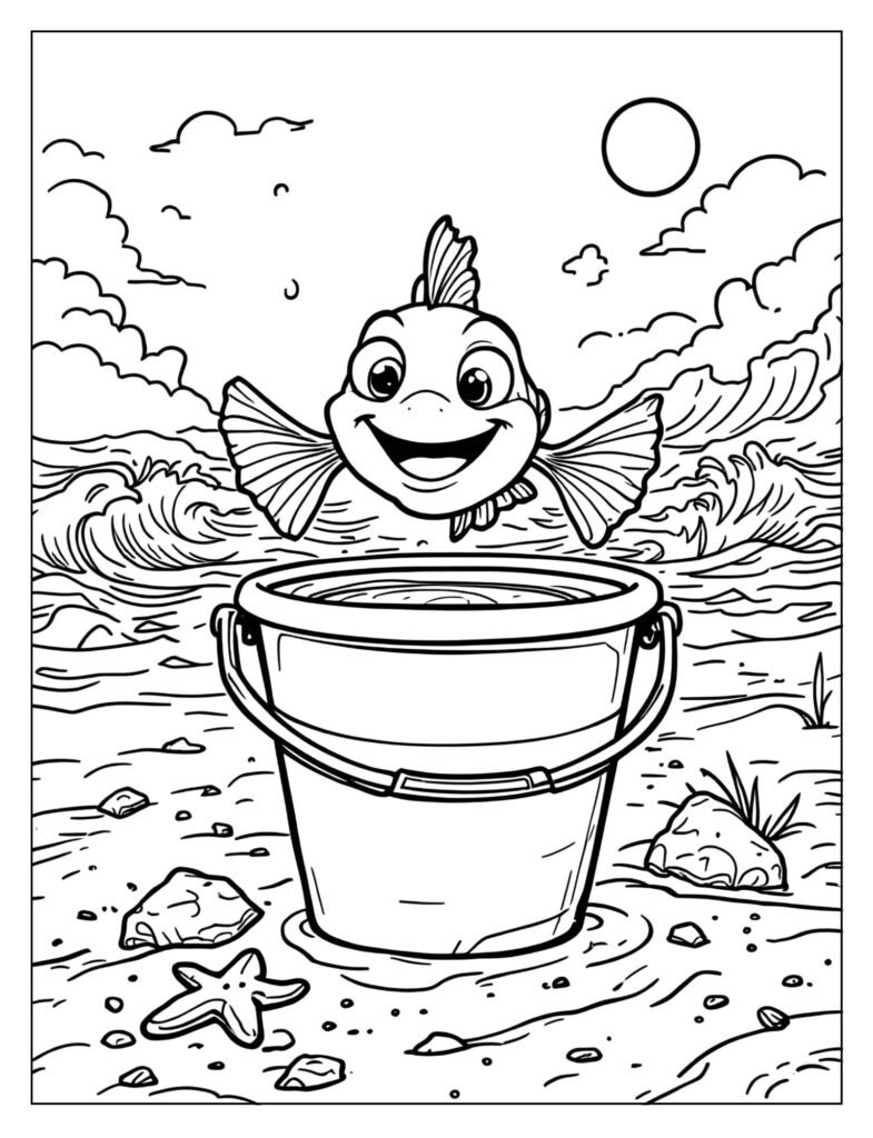 A sand pail with a cartoon fish jumping out.