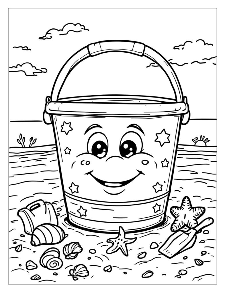A sand pail with a big, friendly, smiling face.