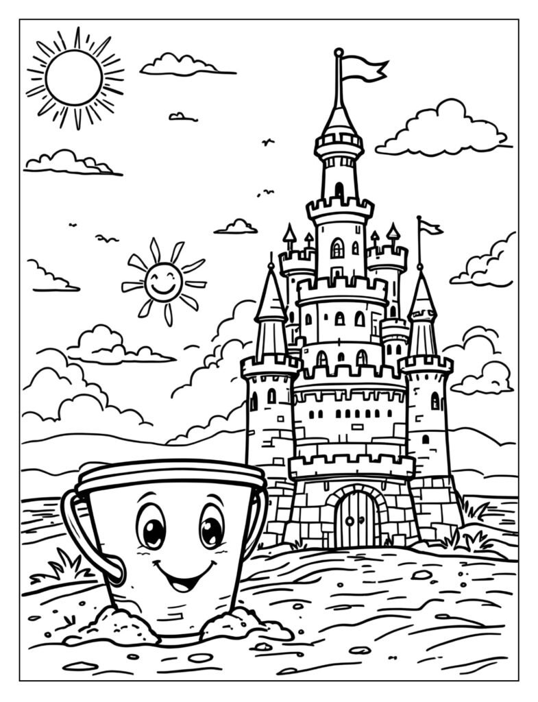 A sand pail next to a tall sandcastle.