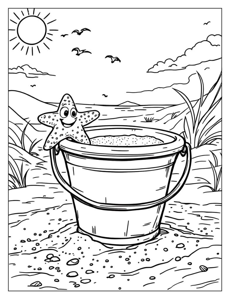 A sand pail with a starfish on its side.