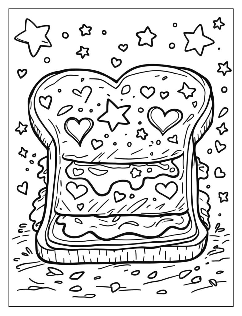 A sandwich with various shapes cut out of it (stars, hearts), with peanut butter and jelly visible.