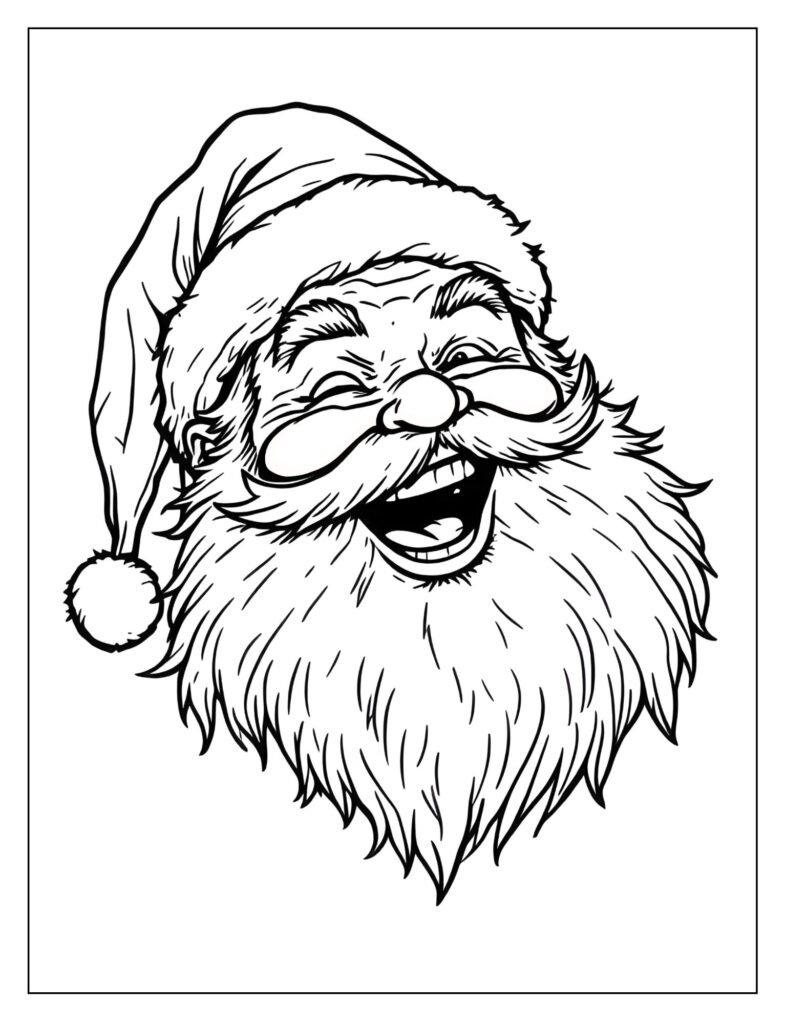 Joyful drawing of Santa's head tilted back slightly, with his mouth wide open in a hearty, deep "Ho ho ho" laugh.