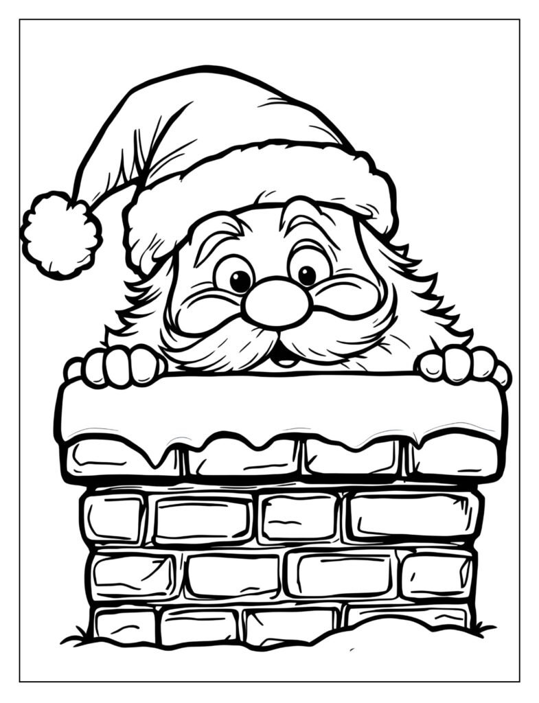 Humorous drawing of Santa's face peeking around the edge of a wall or chimney.
