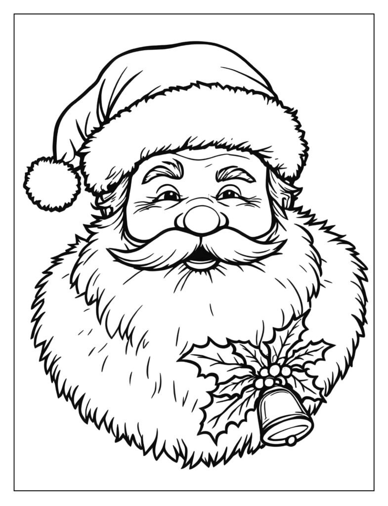 Drawing of Santa's head with his large fur-trimmed coat collar visible, and a small jingle bell and sprig of holly attached to his beard.