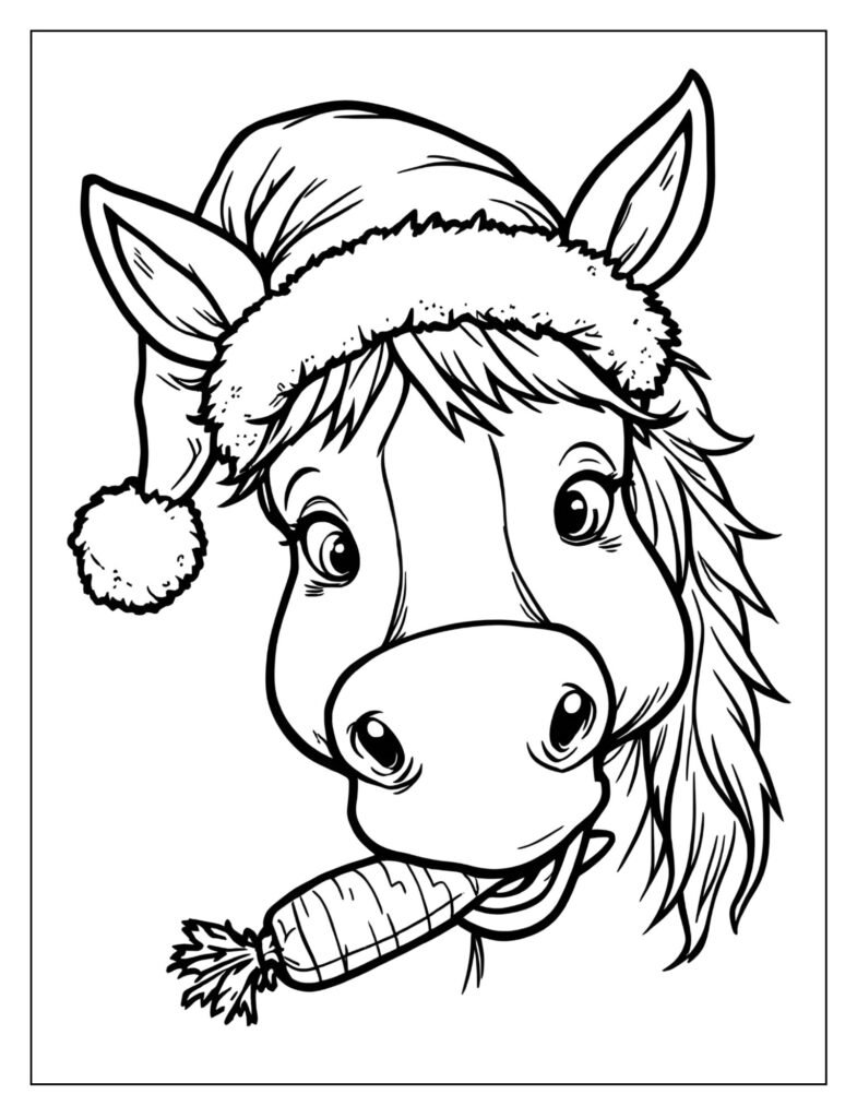 A horse wearing a fuzzy Santa hat with a playful expression and nibbling on a carrot.
