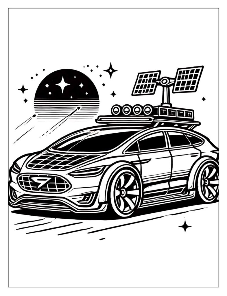Futuristic line art of a satellite supercar with unusual antennas and high-tech communication gear.