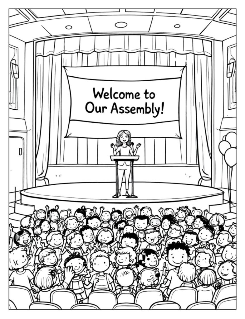 A line art drawing of an assembly hall stage with a podium, ready for coloring.