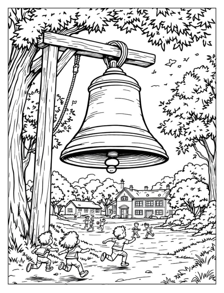 An outline drawing of a traditional school bell, ready for coloring.