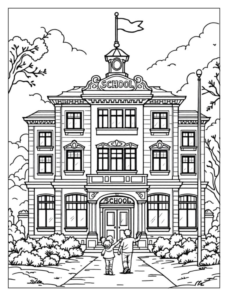 An outline drawing of the exterior of a school building, ready for coloring.