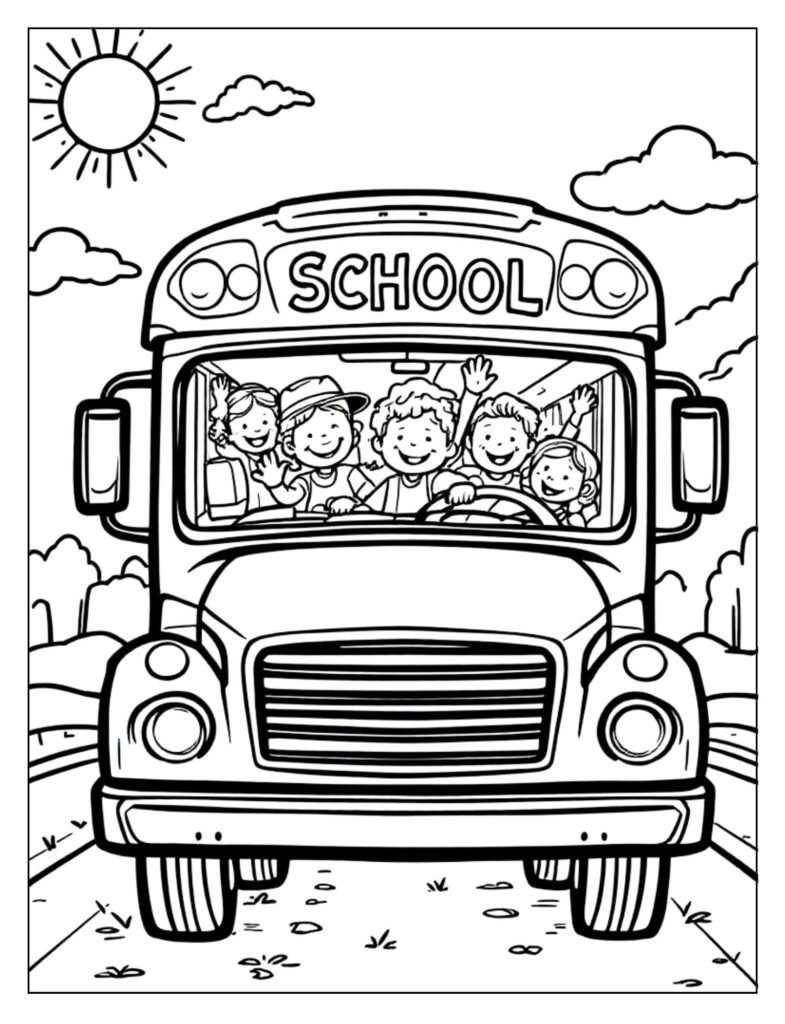 A line art illustration of a typical yellow school bus, ready for coloring.