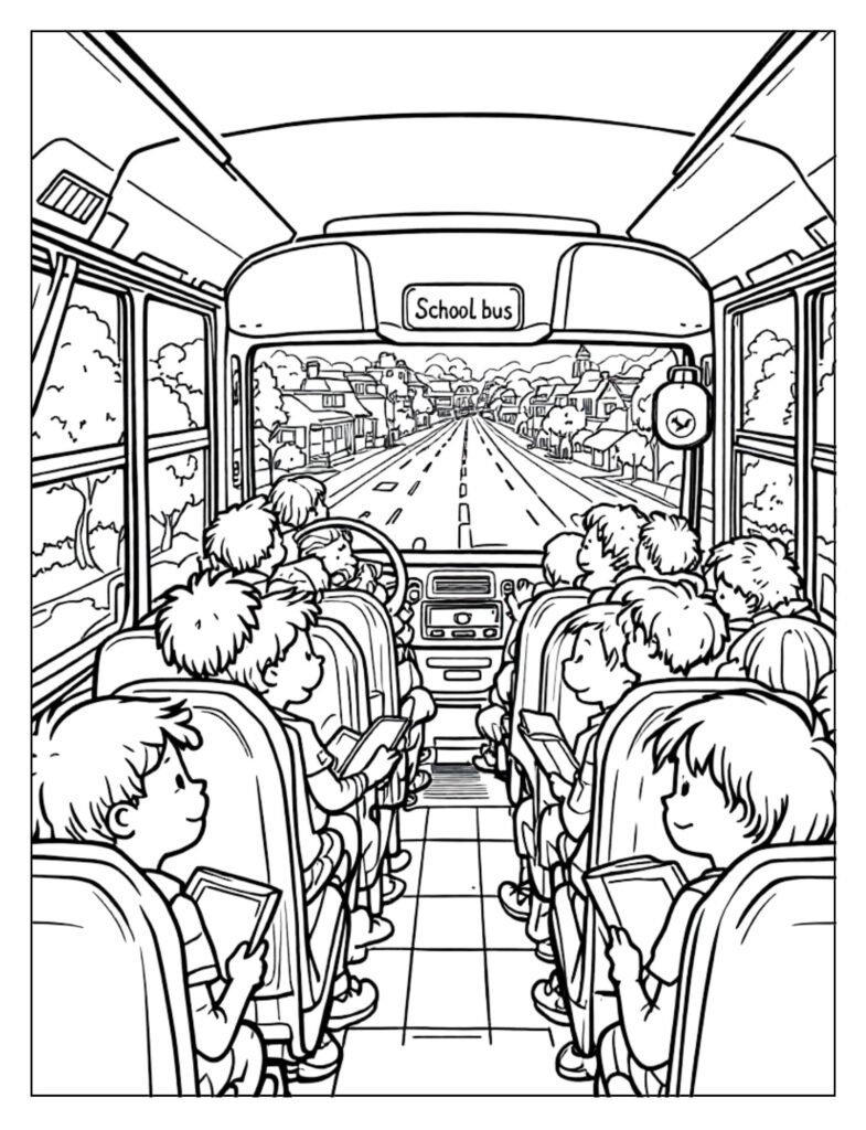 An outline drawing of children looking out the windows of a school bus as it travels, ready for coloring.