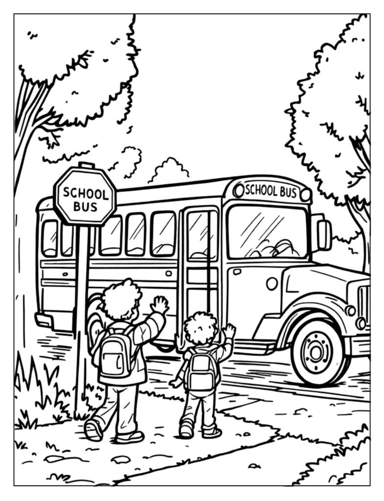 A line art drawing of a school bus stop sign or children waiting at a stop, ready for coloring.