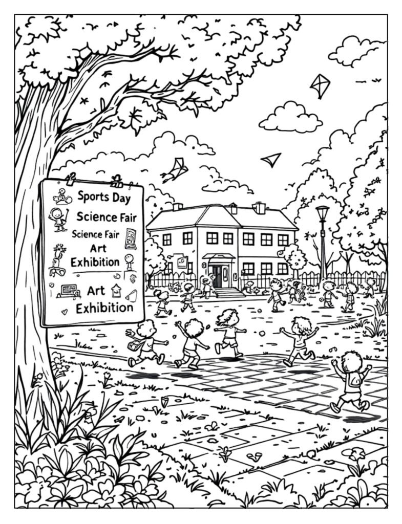 An outline drawing of a school calendar with blank dates and months, ready for coloring.
