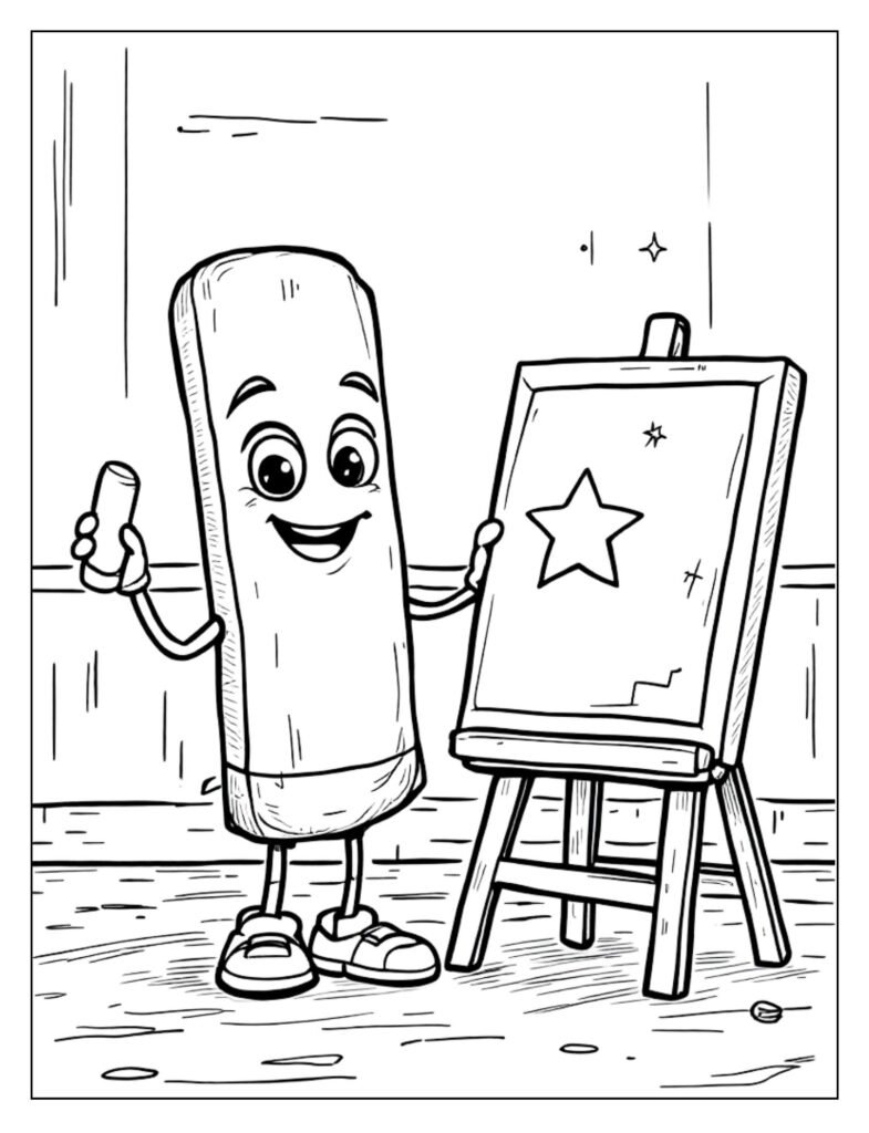 A black and white illustration of several pieces of chalk, ready for coloring.