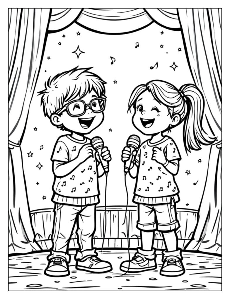 A line art drawing of a school choir singing, ready for coloring.

