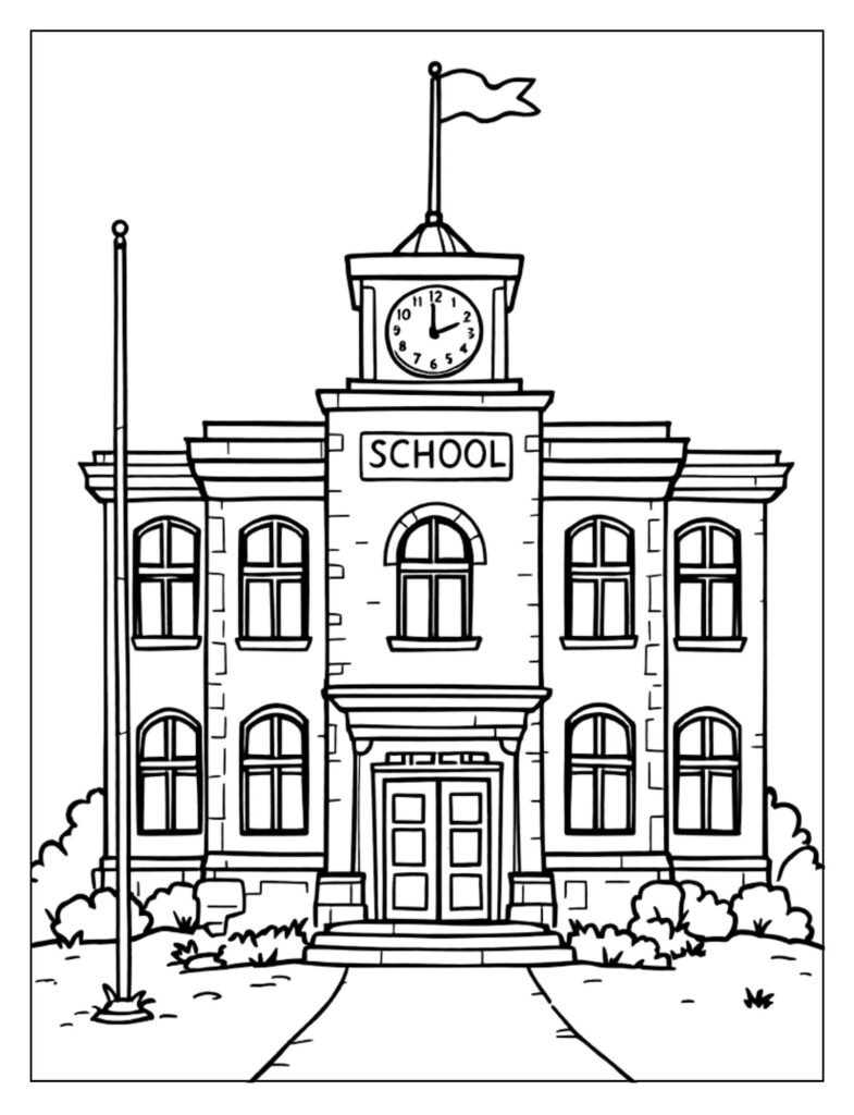 A black and white outline drawing of a classic school building with a bell tower, ready for coloring.