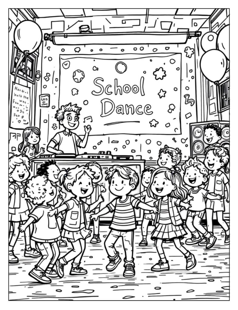 A black and white illustration of students dancing and having fun at a school event, ready for coloring.