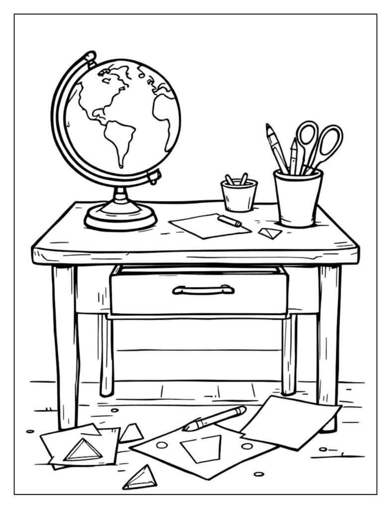 An outline drawing of a school desk with a chair, ready for coloring.