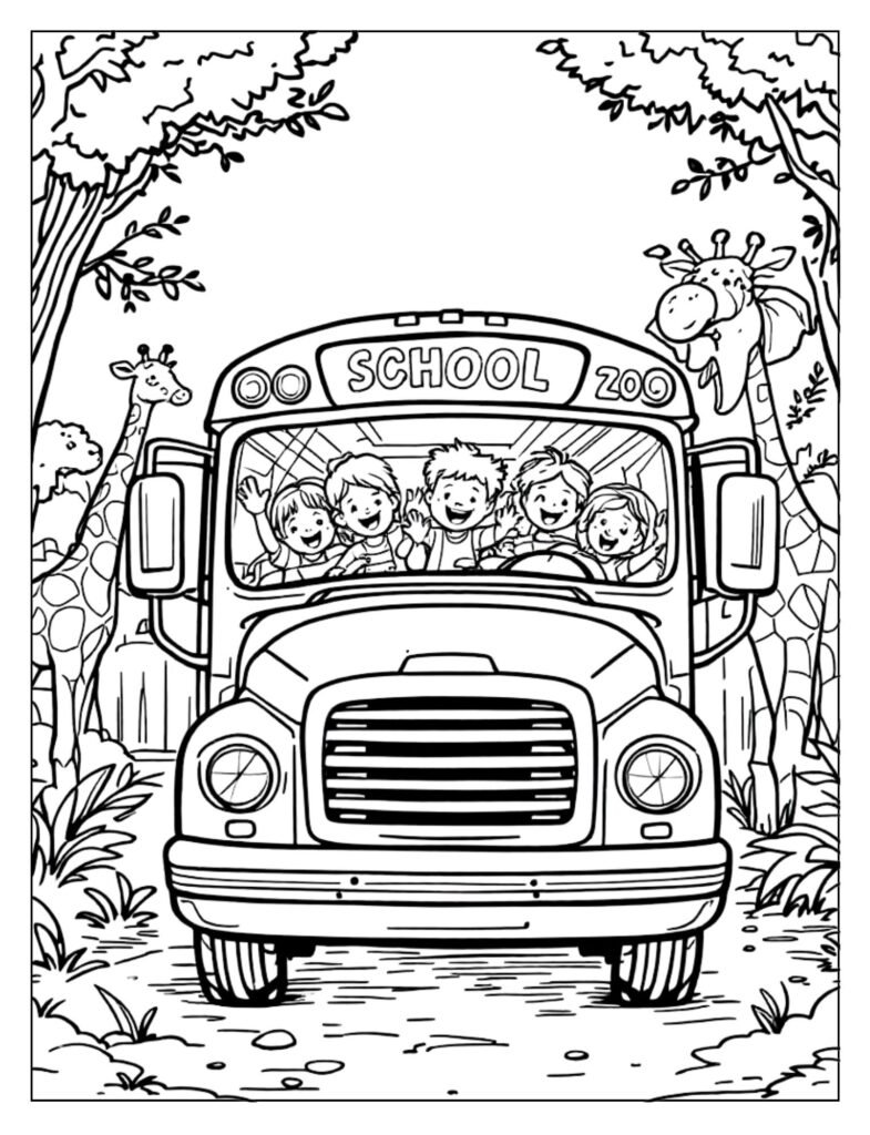 A black and white illustration of a school bus full of excited children embarking on a field trip, ready for coloring.