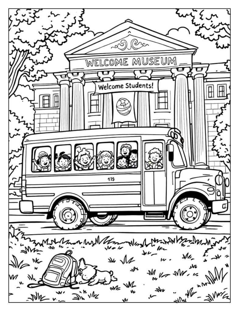 A black and white illustration of students on a field trip, perhaps at a museum or zoo, ready for coloring.