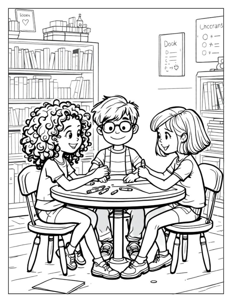 An outline drawing depicting two or more children showing friendship, such as sharing or holding hands, in a school environment, ready for coloring.