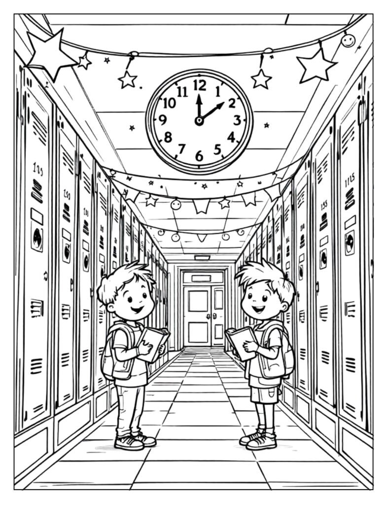 A black and white illustration of an empty school hallway with lockers and classroom doors lining the walls, ready for coloring.