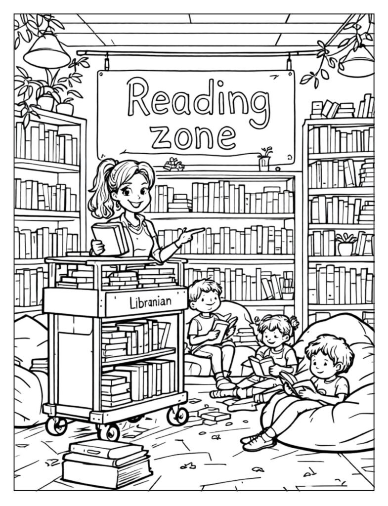 A line art drawing of a school library with bookshelves and a reading area, ready for coloring.