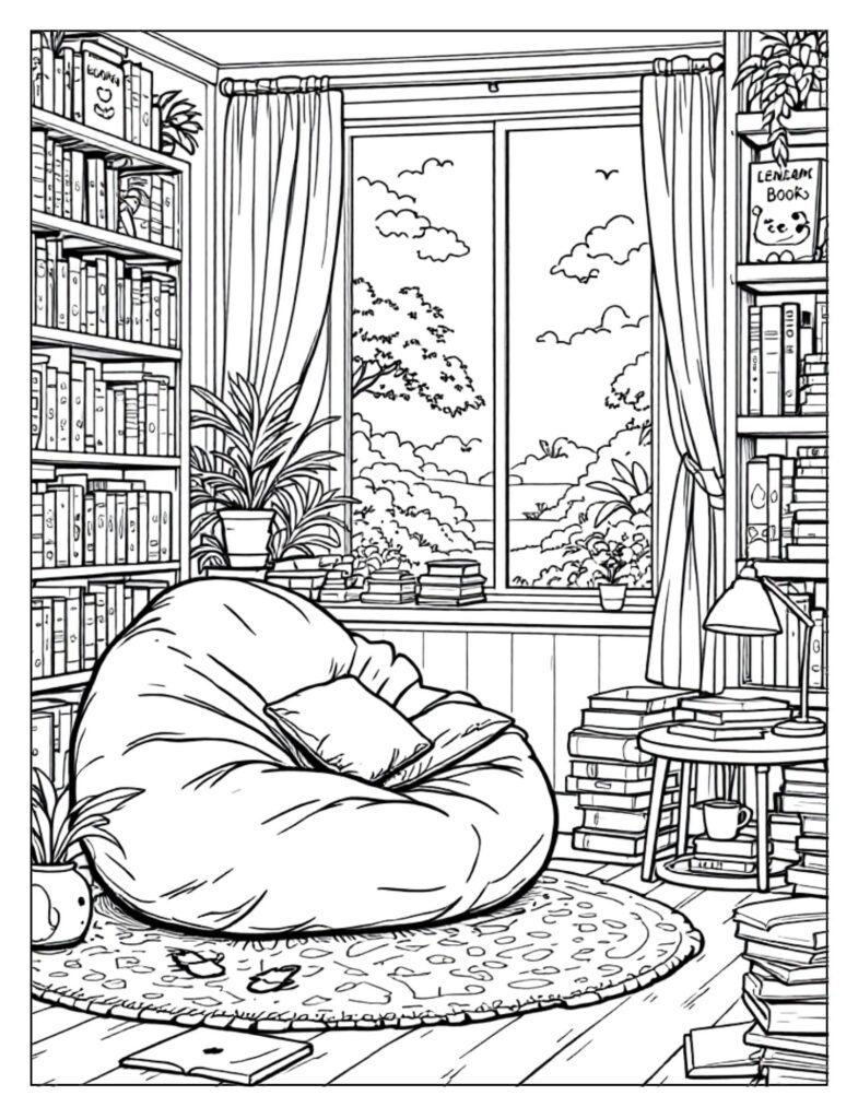 An outline drawing of a cozy reading nook in a school library, with bookshelves and comfortable seating, ready for coloring.