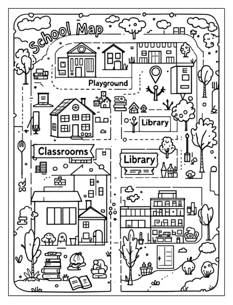 A black and white illustration of a simplified map of a school building or campus, ready for coloring.

