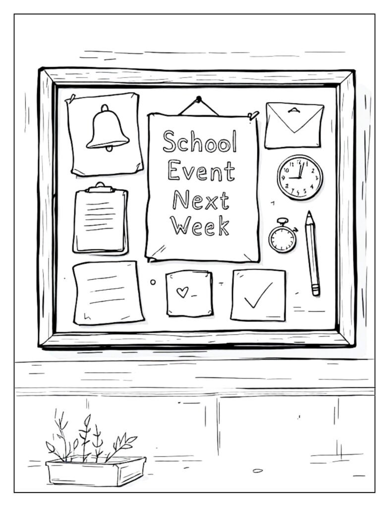  An outline drawing of a school noticeboard with blank spaces for announcements, ready for coloring.