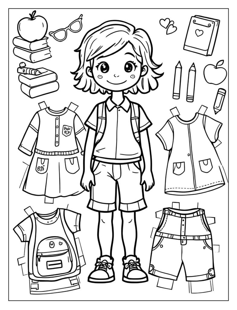 A paper doll with a backpack and school outfits.