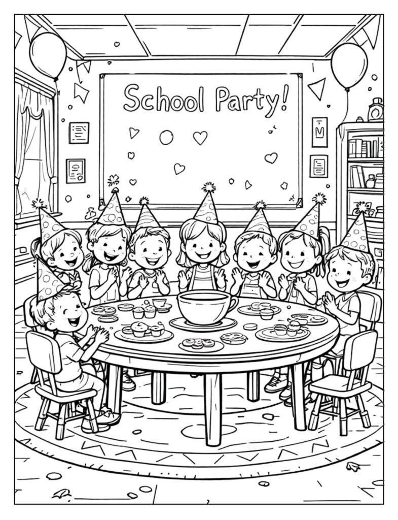 A black and white illustration of children celebrating at a school party, with balloons and cake, ready for coloring.