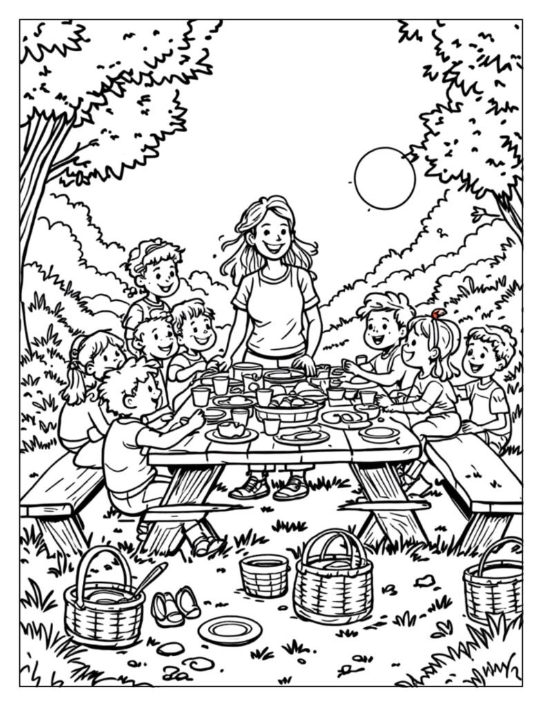 A black and white illustration of students enjoying a picnic outdoors on school grounds, ready for coloring.