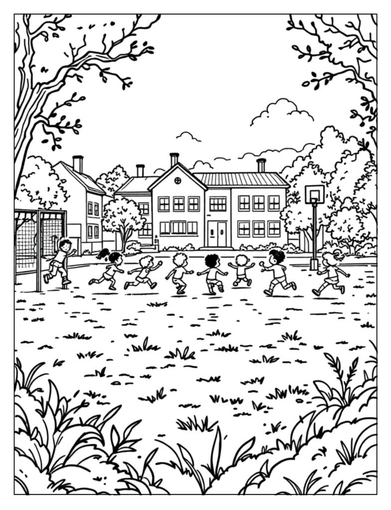 A black and white illustration of a school playground with equipment like swings or a slide, ready for coloring.