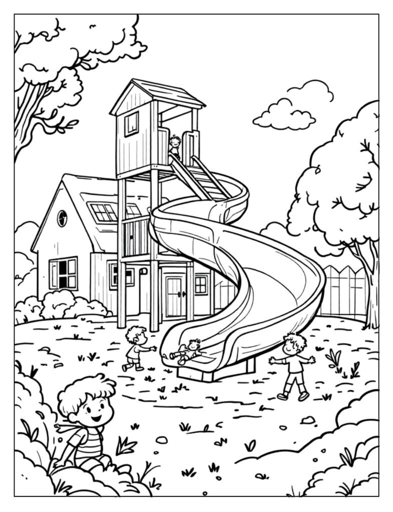 An outline drawing of a playground slide, with no children on it, ready for coloring.
