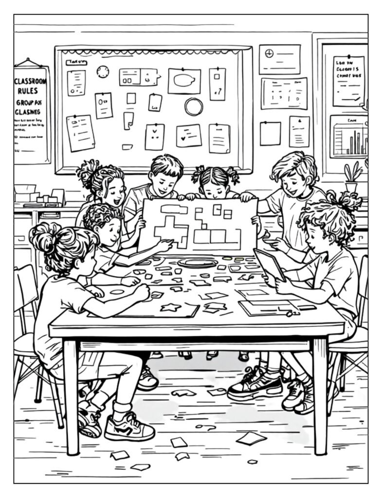 A line art drawing of a student working on a school project, like a science fair display, ready for coloring.


