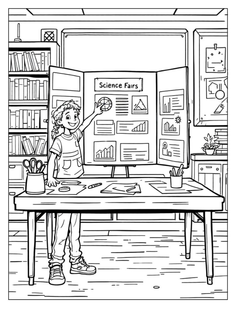 A line art drawing of a completed school project displayed on a board or table, ready for coloring.