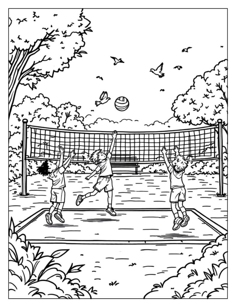 An outline drawing of children playing various sports on a school field, ready for coloring.