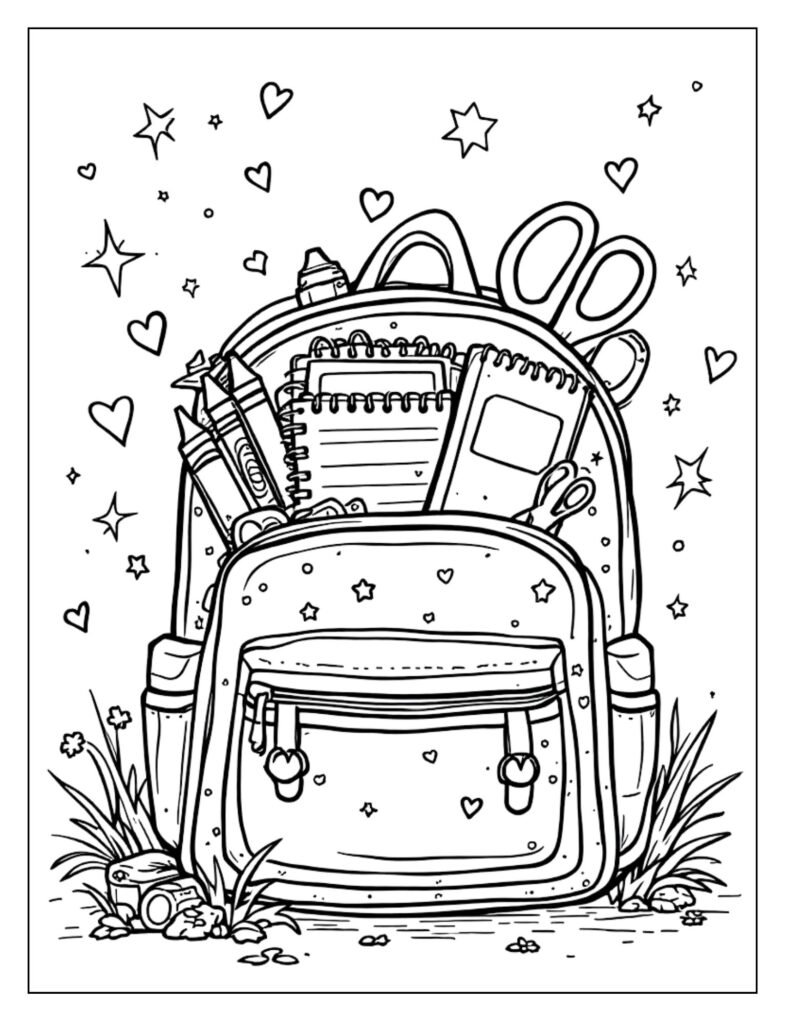 A line art drawing showing a collection of school supplies like pencils, crayons, and scissors, ready for coloring.