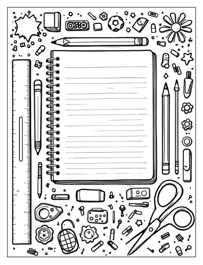 A black and white illustration of a cohesive set of school supplies, like a pencil case with various items, ready for coloring.