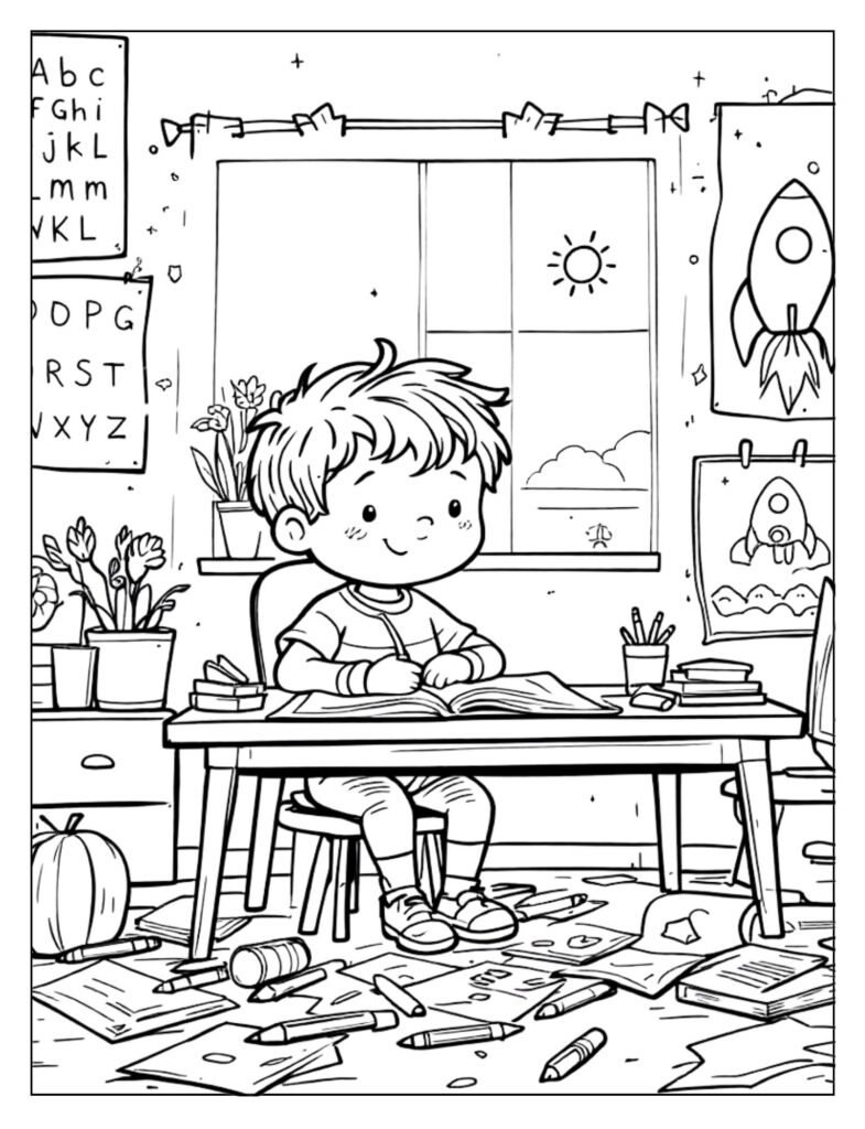 A black and white illustration of a notebook with lines or a few written words, representing schoolwork, ready for coloring.


