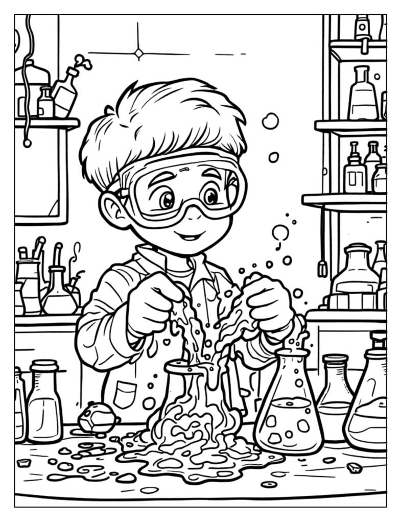 An outline drawing of a student conducting a science experiment with beakers, test tubes, and bubbling liquids, ready for coloring.