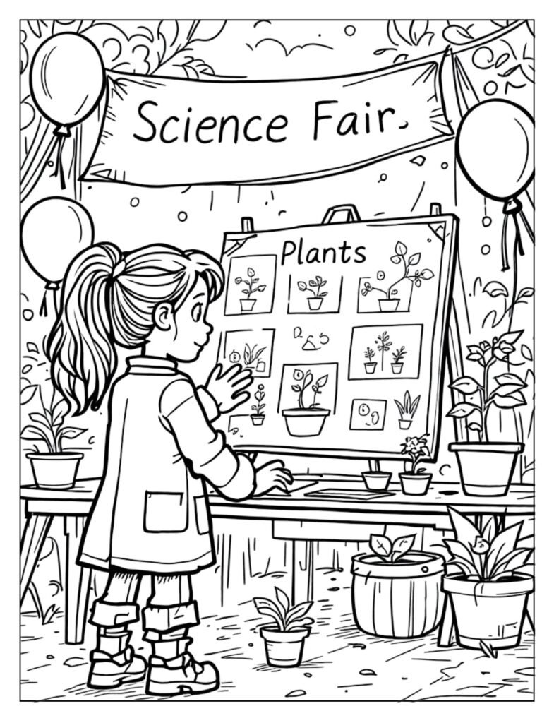 An outline drawing of a school science fair, with various project displays and students presenting, ready for coloring.