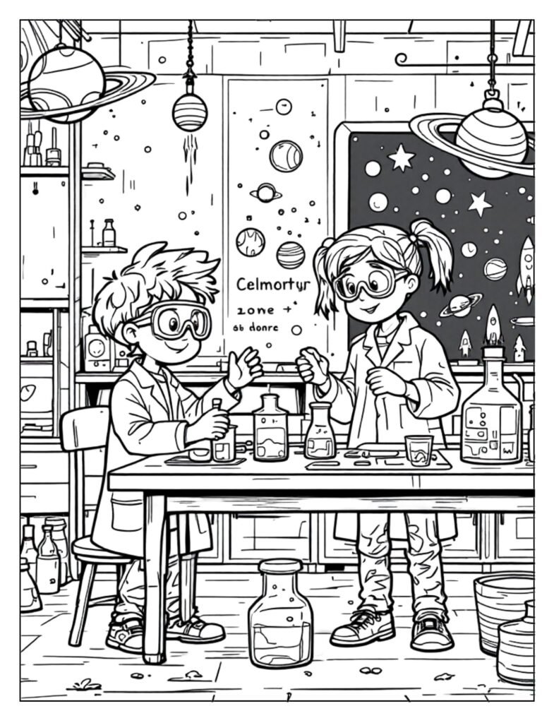A line art drawing of a science laboratory with beakers, test tubes, and microscopes, ready for coloring.