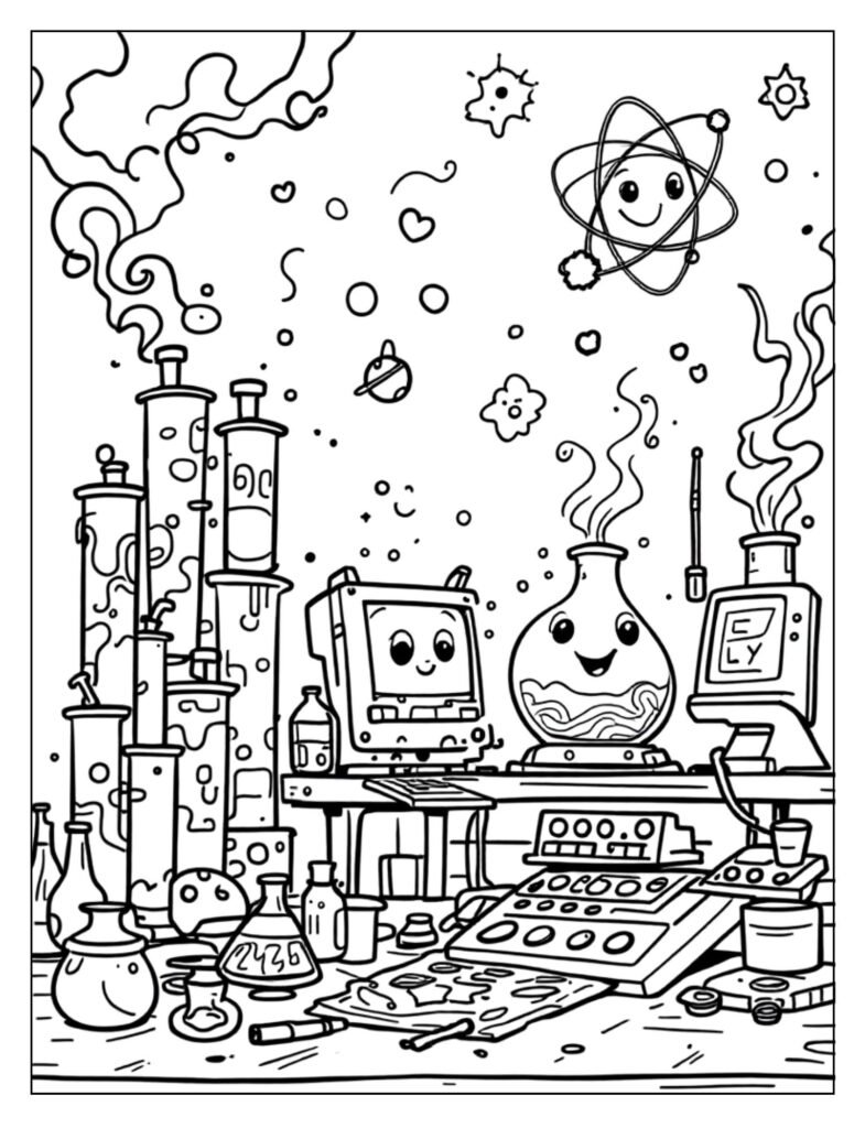 A line art drawing of various pieces of science lab equipment like flasks, beakers, and test tube racks, ready for coloring.
