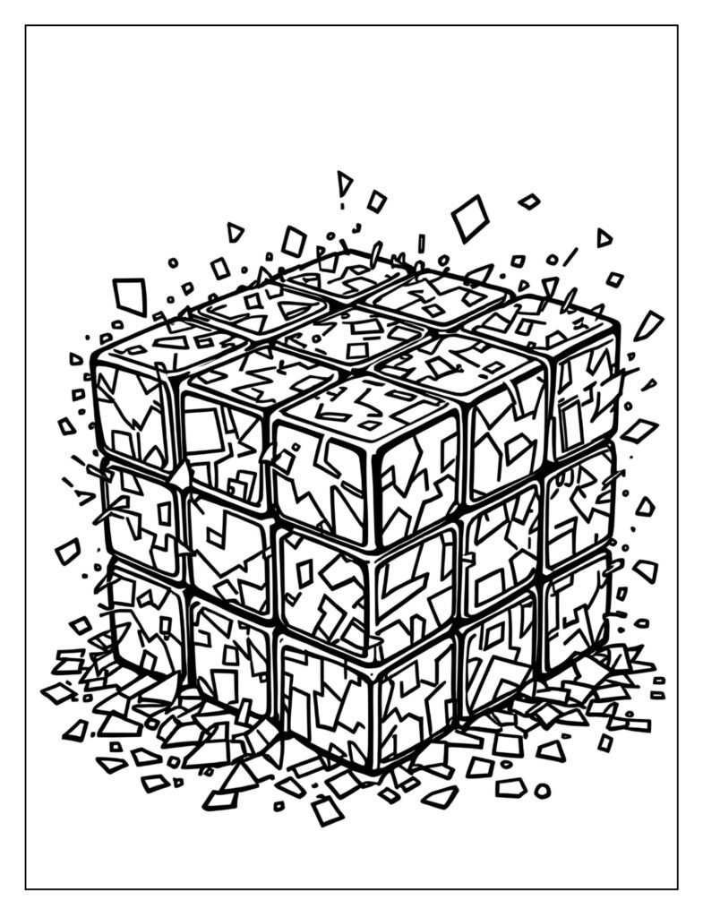 Drawing of a standard 3x3x3 Rubik's Cube shown in a highly scrambled and chaotic state.