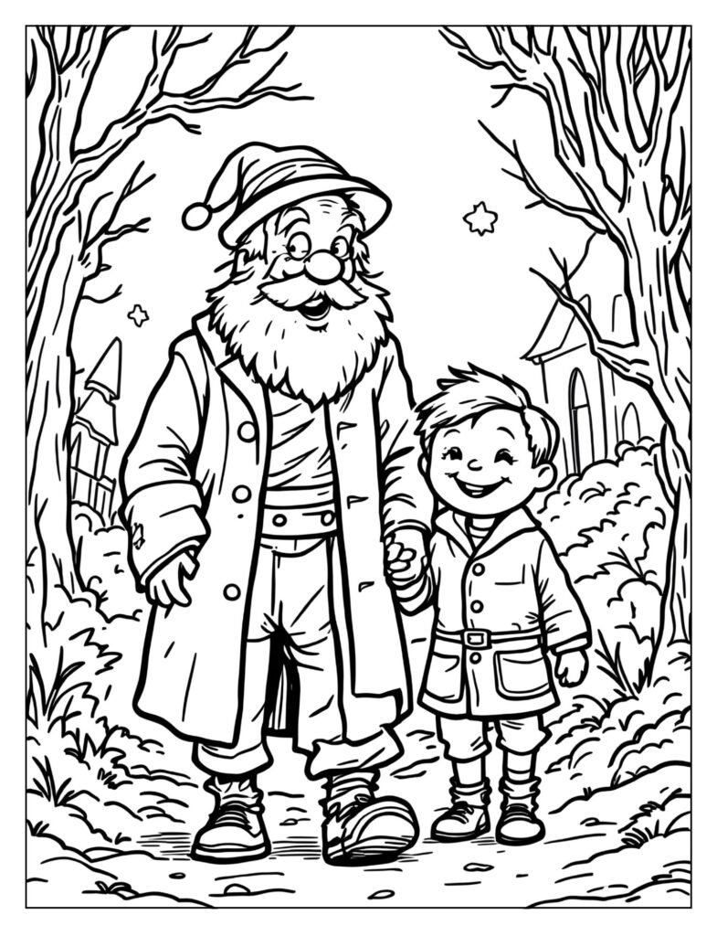 Smiling, kind Scrooge holding the hand of a cheerfully healthy Tiny Tim as they walk together outside.